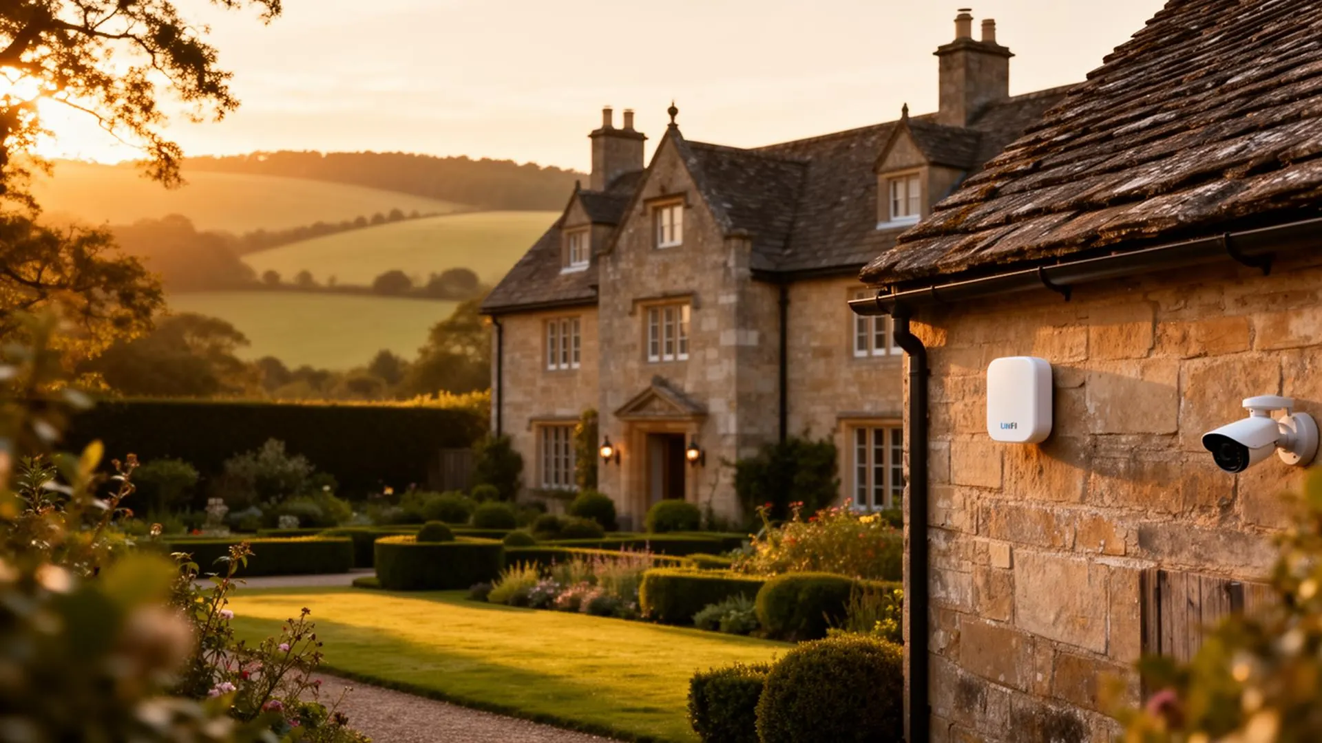 English countryside property at dusk