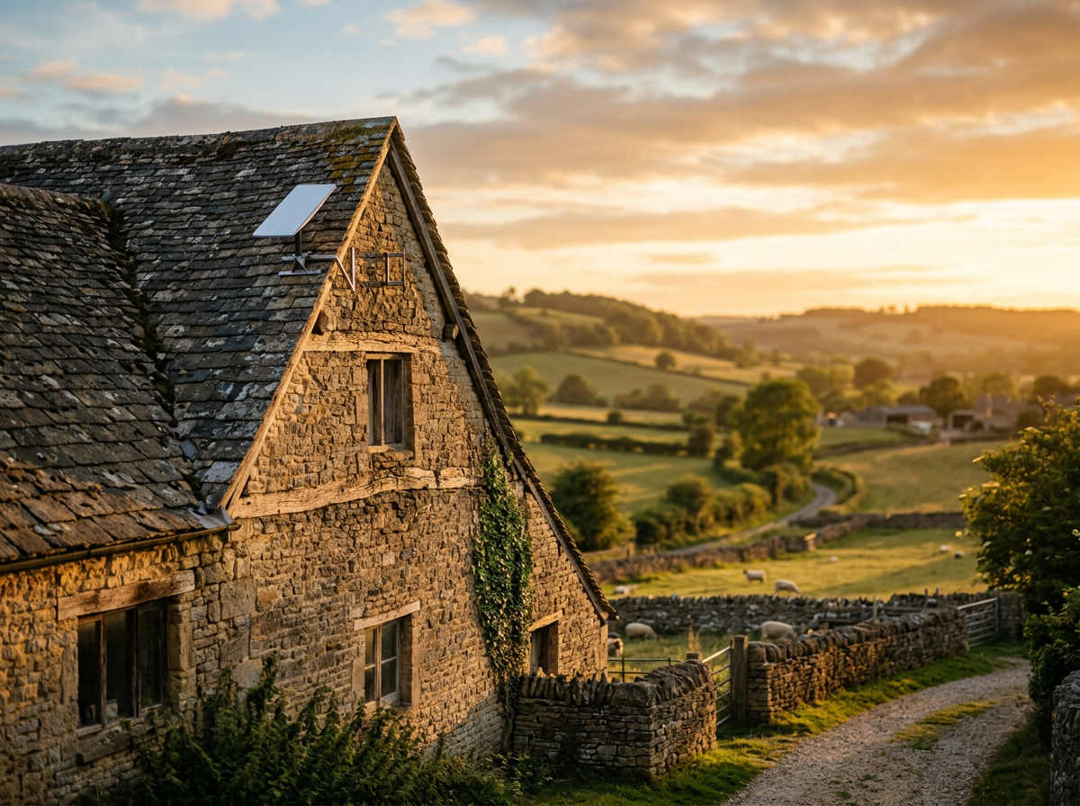 Starlink dish on a Cotswold stone barn at golden hour