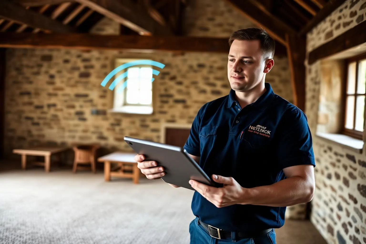 Network specialist testing connectivity in a rural building